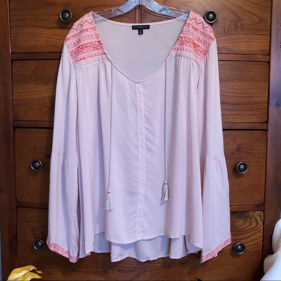 Signature Studio Tops - Pink Split Bell Sleeve Tassel Tie BoHo Top 1X